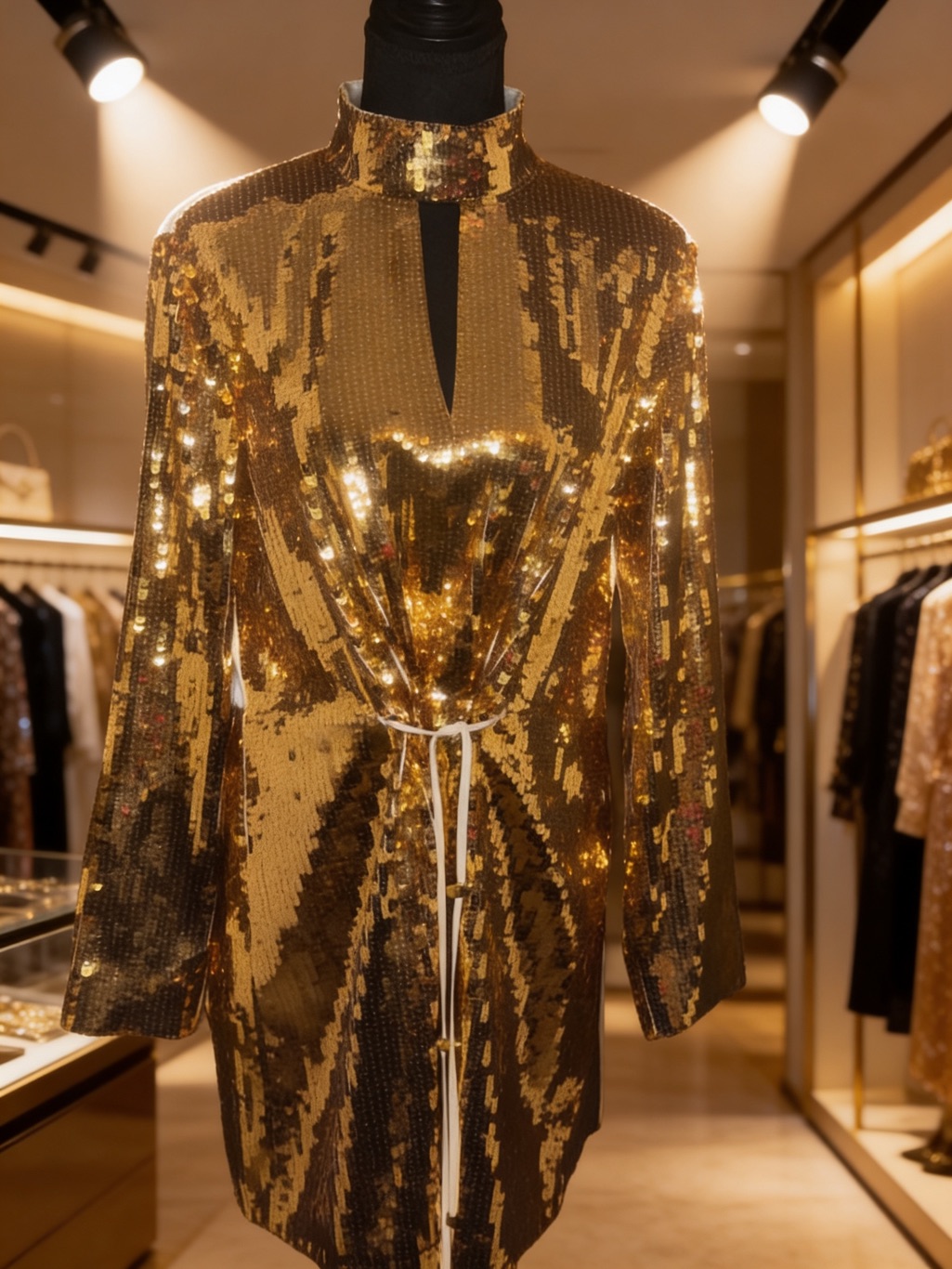 Tibi Gold Sequin Long Sleeve Mini Dress